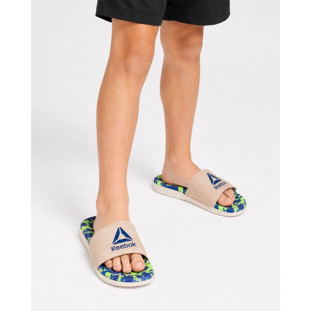Reebok Pervade Slides Kids Size 3 Blue Green Camo Comfort Sandals NWT